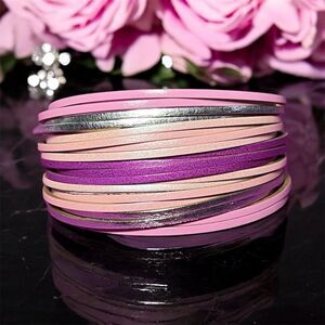 Pink/Purple/Silver Multi-layer Leather Wrap Bracelet w/ Magnetic Clasp